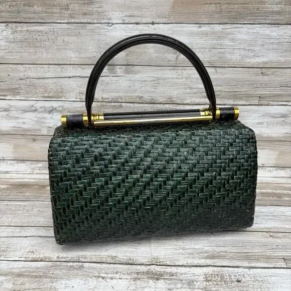 VTG Rodo Lacquered Wicker Basket Box Purse Green Framed Retro 50s 60s Italian - Picture 6 of 15